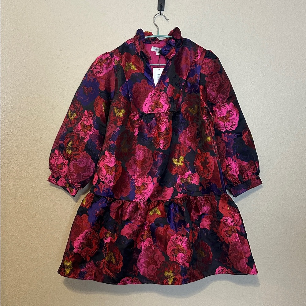Women's Long Sleeve Floral Tiered Dress in Fuchsia and Navy